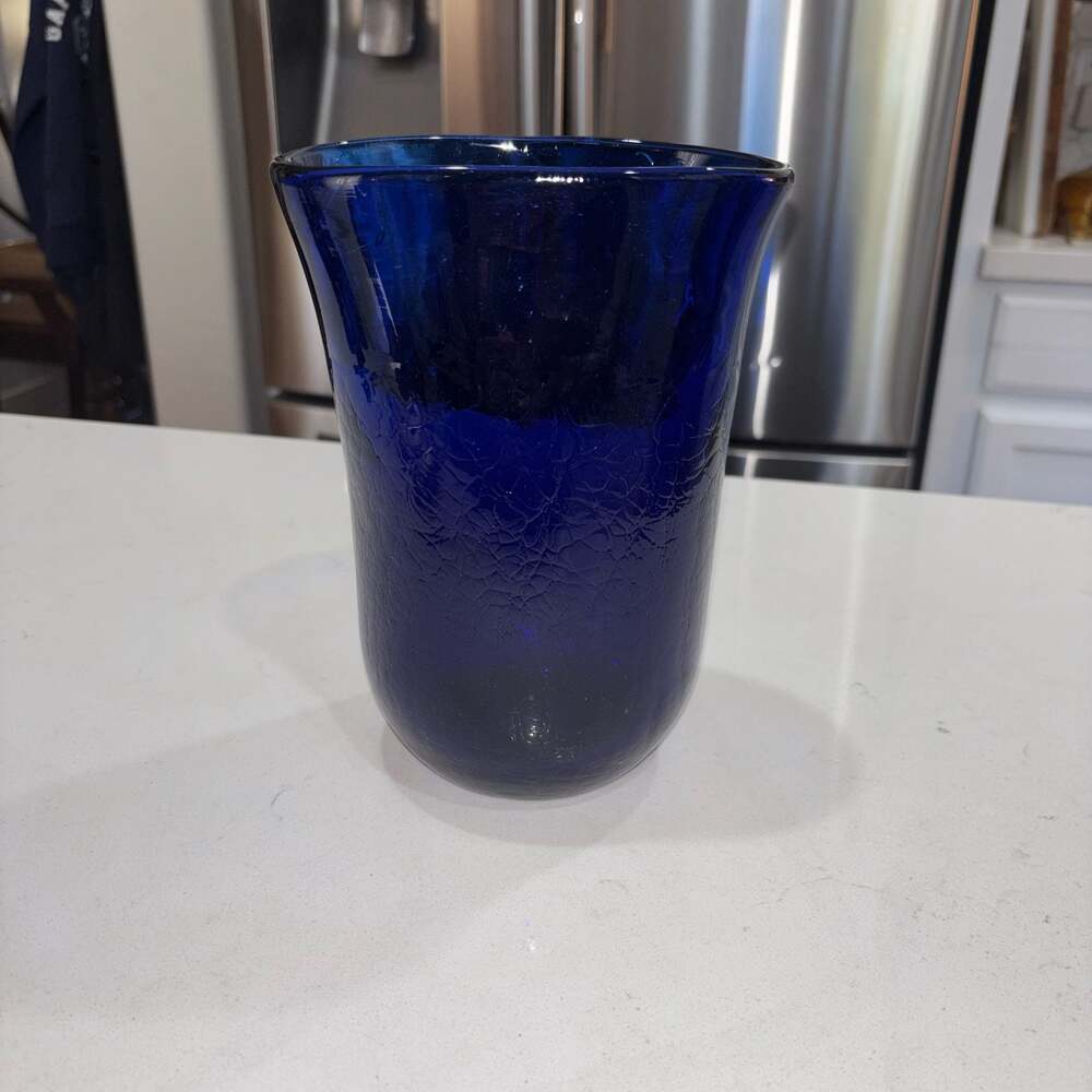 Blenko Cobalt Blue Crackle Glass Decorative Vase 8”